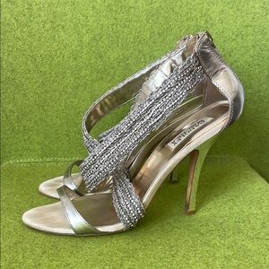 Badgley Mischka Women's 4.5” Silver Metallic Rhinestone Heeled Sandals